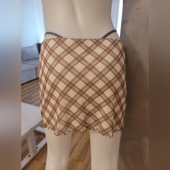 Coquette Lettuce Trim Plaid Mesh Preppy Mini Skirt with Bow Divided - Picture 3 of 3